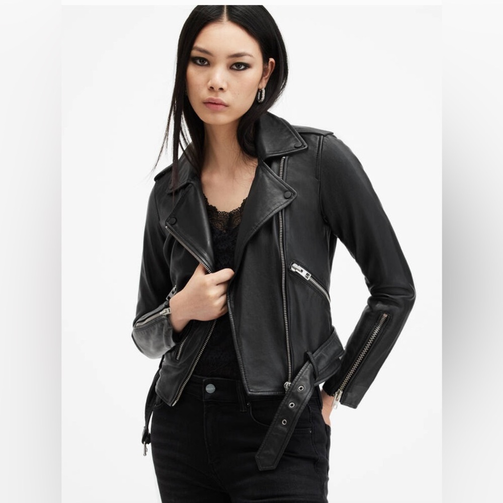 AllSaints Balfern Leather Moto Biker Jacket Black + Silver UK 14 / US 10 / EU 42